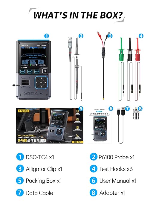 FNIRSI DSO-TC4 Handheld Oscilloscope, 10MHz Bandwidth 48MSa/s Sampling Rate Transistor Tester Digital Oscilloscope DDS Signal Generator 3 in 1, Voltage Continuity Zener Diode Triode Component Tester