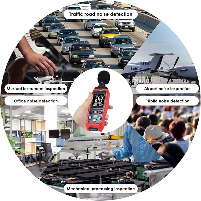 Decibel Meter with Data Logging Sound Decibel Meter Data Logger, 30~130dB Sound Level Meter with Audible Visual Alarm, Sound Meter with Export Data, PC Connection, Temperature, Analog Bar Indicator