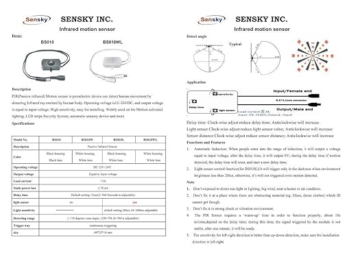 Sensky BS010W DC 12v to 30v PIR Motion Activated Sensor Switch DIY LED Lighting (Delay Time, Sensor Distance Adjustable)