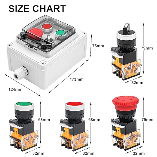 IP67 Button Switch Outdoor Waterproof Box 4 Push Button Red Green Self-Resetting Emergency Stop Button Rotary Button with Protective Cover(AC/DC 6A-110V/3A-240V/2.5A-380V)