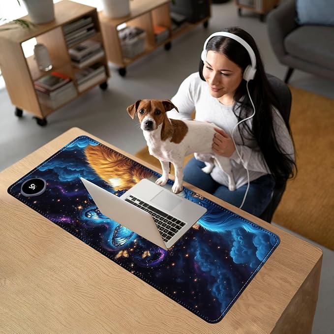 Heated Mouse Pad with 3 Temperature Settings(104°F–122°F),Large 31.5x13 Inch PU Leather Heated Desk Mat,Waterproof Warming Pad for Office,Gaming & Cold Hands Relief,Cat Bule Butterfly