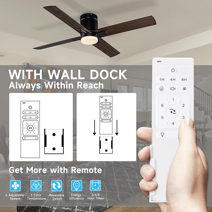 52 Inch Flush Mount Low Profile Ceiling Fan with Light and Remote Control, Reversible 4 Dual Finish Wood Blades, Indoor/Outdoor Ceiling Fan for Patio, Living Room, Bedroom
