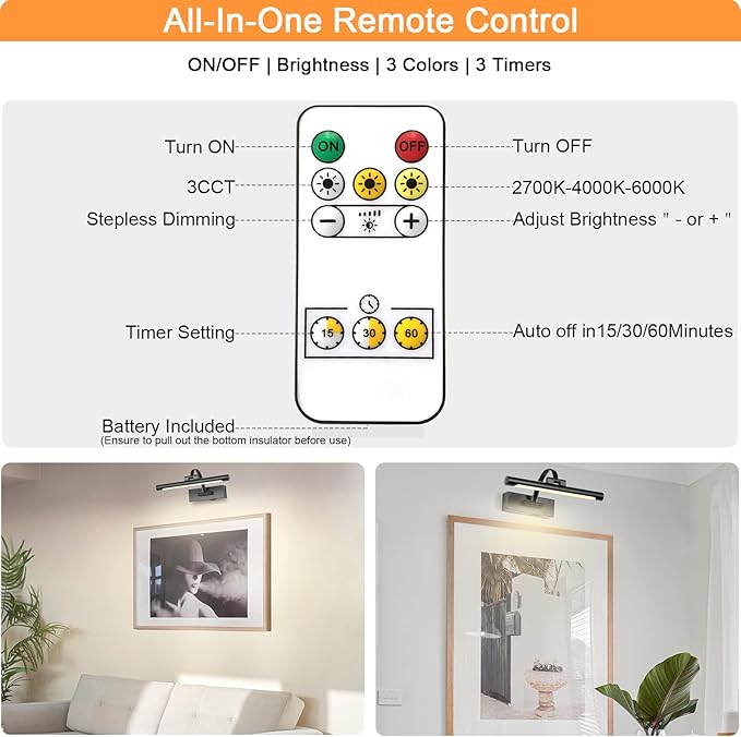 Battery Powered Picture Light with Remote and Timer,Full Metal Art Light with Swing Arm,12 Inch Dimmable,3CCT in One, Rechargeable Wall Lights for Display, Artwork, Canvas,Hallway