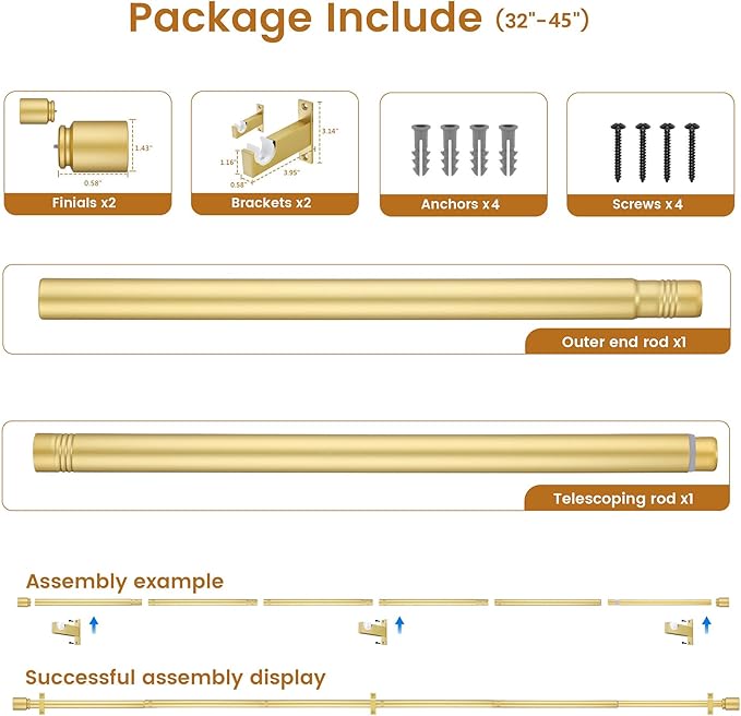 Gold Aluminium Curtain Rods for Windows,1 Inch Adjustable Curtain Rod 32 to 45 Inch,Heavy Duty Drapery Rods with Thicken Bracket,Modern Single Rod with Aluminium Finials