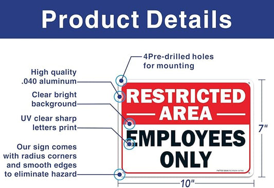 (2 pack) Faittoo Restricted Area Employees Only Sign, 10 x 7 Inches .40 Rust Free Aluminum, UV Protected, Weather Resistant, Waterproof, Durable Ink,Easy to Mount