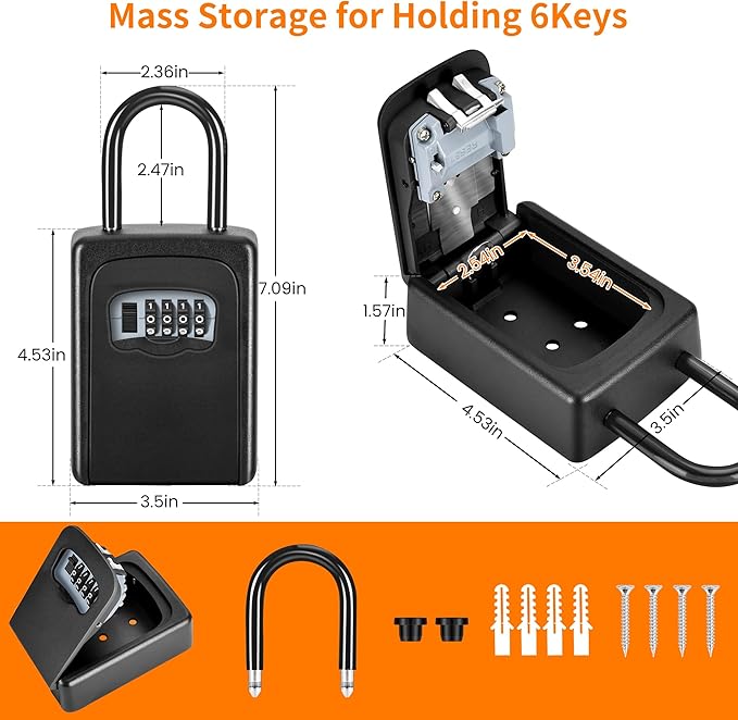 Portable Key Lock Box, Upgrade Clearly Visible Numbers, Lock Box Wall Mounted for House Key, 5 Key Capacity, Weatherproof Resettable Code (1 Pack, Black)