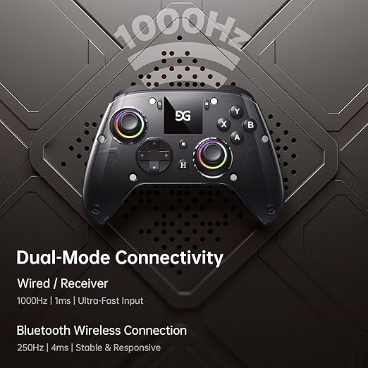 GUSGU G7 Wireless Gaming Controller with Interactive Screen, 1000Hz Polling Rate, Hall Joysticks & Triggers, 4 Programmable Buttons, Compatible with PC, Switch1, PS4, iOS, Android, Black