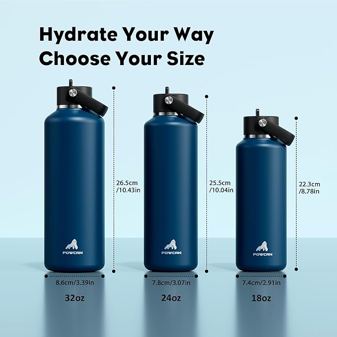 POWCAN 24 oz Water Bottle Insulated: BPA-Free, Leakproof Lid with Straw, Lightweight, Flex Cap, Stainless Steel Water Bottle for Office, Men, Gym, Commute, Worker, Walking, Cycling (Indigo Blue)