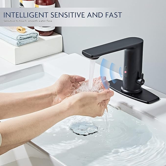 Tool-Free WaterSense Touchless Bathroom Brass Faucet,Automatic Sensor Faucet with Motion Sensor, Matte Black Low Flow grifos, Meets CEC Standards