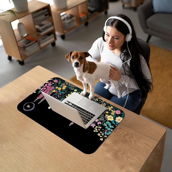 Heated Mouse Pad with 3 Temperature Settings(104°F–122°F),Large 24x14.2 Inch PU Leather Heated Desk Mat,Waterproof Warming Pad for Office,Gaming & Cold Hands Relief,Garden Flowers