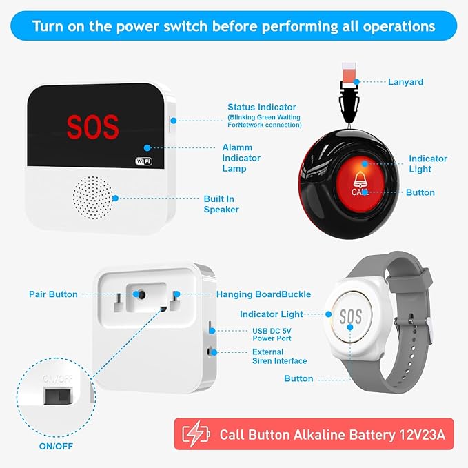 WiFi Caregiver Pager System Wireless Call Button Life Alert Systems Call Bell Fast Help Panic Button for Elderly Patient Seniors Disabled 2 Emergency Button 2 Receiver (only Supports 2.4GHz Wi-Fi)