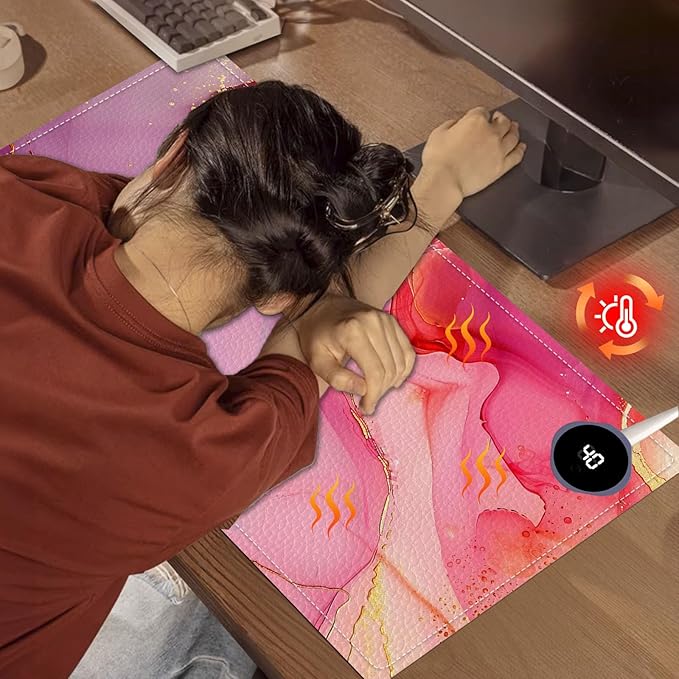 Heated Mouse Pad, Warm Desk Pad, Keyboard Mat 23.6 x 14 Inch Large Size Intelligent Fast Heating, 3 Speed Adjustable, Timed Auto Power Off for Game Office Home, Pink Marble