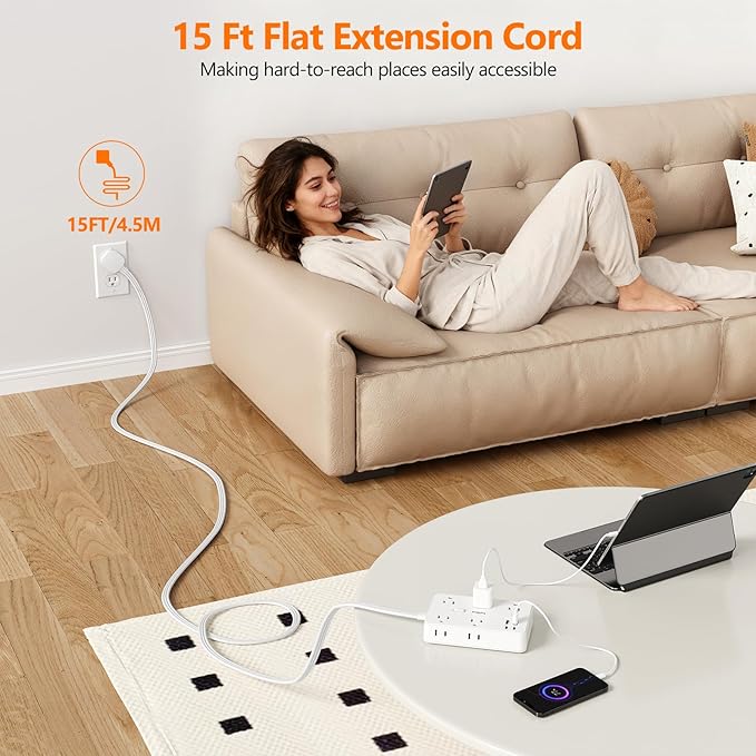 Surge Protector Power Strip-TerHavn 15 FT Flat Extension Cord ,10 AC Outlets & 4 USB Ports(3.4A 17W), 1080J ,Wall Mountable Desktop Charging Station with Flat Plug for Office Supplies and Home, White