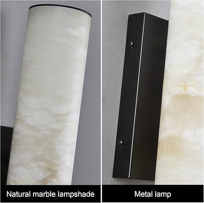 LMQNINE Natural Alabaster Wall Sconces Set of Two Spanish Marble Wall Light Cylinder Modern Black LED Sconce for Living Room Bedroom Bathroo Stairs(S-2Pack)