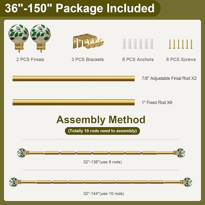 Gold Curtain Rods for Windows 72 to 144 Inches Adjustable Length Heavy Duty 1" Diameter Green Ceramic Window Curtain Rod with Modern Leaf Pattern Decorative Finials for Bedroom Living Room Kitchen