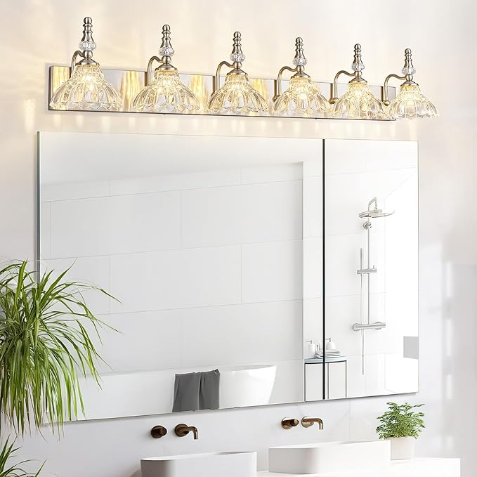 Vintage Bathroom Vanity Light, 6-Light Brushed Nickel Vanity Lighting Fixture with Flower Glass Shade, Bathroom Lighting Fixtures Over Mirror