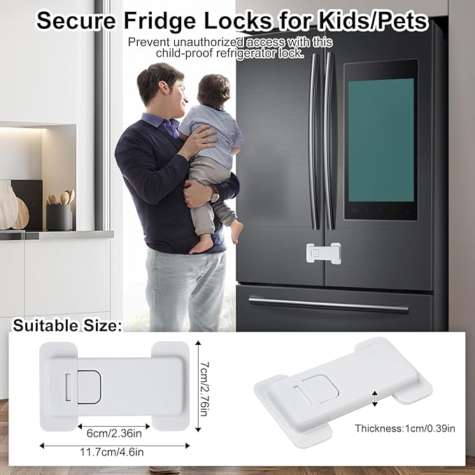 Fridge Locks for Kids, Child Proof Refrigerator Lock, Baby Safety French Fridge Door Lock, Child Cabinet Locks with Strong 3M Adhesive, No Drill, Tool-Free Install (2 Pack, White)