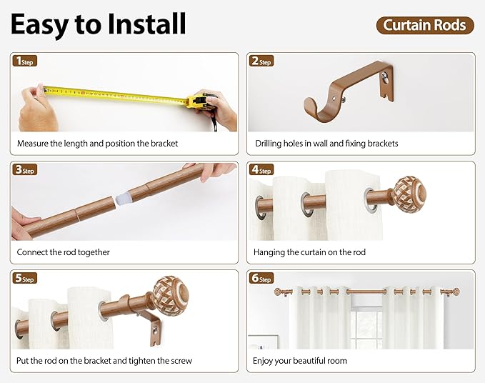 TONIAL Wood Curtain Rod 32 to 144 Inches, 7/8 Adjustable Curtain Rods for Windows 20 to 140 Inches, Splicing Drapery Rods Decorative with Netted Texture Finials