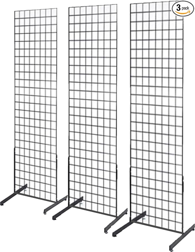 Only Hangers 2' x 6' Grid Wall Panel Floorstanding Display Fixture with Deluxe T-Style Base, Black or White. Three-Pack Combo. (BLACK)