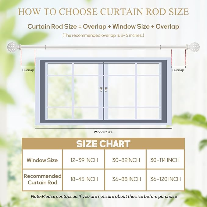 Weathered White Curtain Rod for Windows 48 to 84 Inches(4-7 ft),1'' Diameter Heavy Duty Adjustable Curtain Rod with Leaf Pattern Finials - for Living Room, Bedroom,etc 36-88''