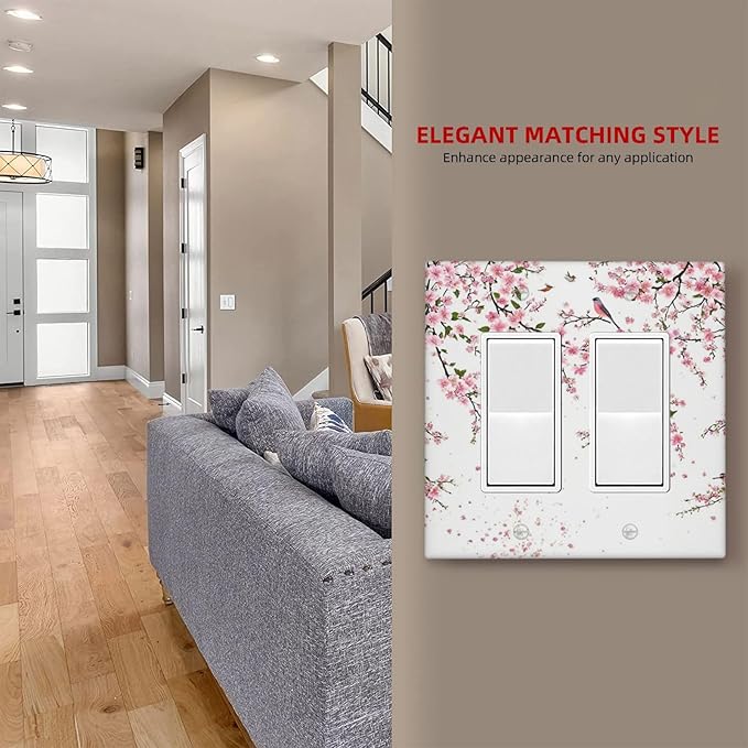 Decorative Outlet Covers Rustic Plum Blossom Pink Flowers 2 Gang Light Switch Cover Plate Double Rocker Wall Plate Switch Plate Covers Faceplate for Home Bedroom Decor (2 Pack)