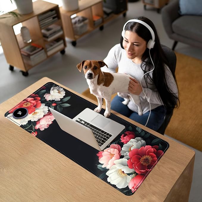 Heated Mouse Pad with 3 Temperature Settings(104°F–122°F),Large 31.5x13 Inch PU Leather Heated Desk Mat,Waterproof Warming Pad for Office,Gaming & Cold Hands Relief,Vintage Flowers