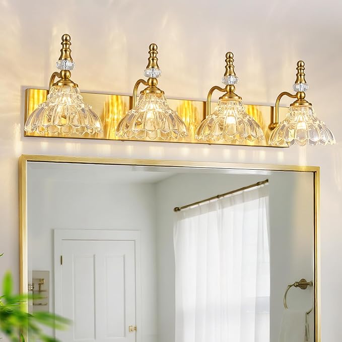 Vintage Bathroom Vanity Light, 4-Light Gold Vanity Lighting Fixture with Flower Glass Shade, Bathroom Lighting Fixtures Over Mirror