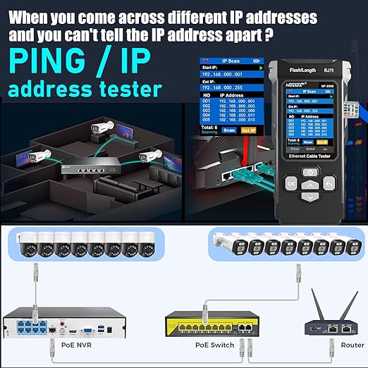 NF-8506 Network Cable Tester with IP Scanne Network Rate Test,/NCV POE/Ping/TDR CAT5 CAT6,Network Tester Cable Toner for RJ11 RJ45 LAN Ethernet Cable Tester Telephone Cable Finder Network Tool