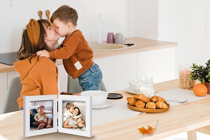 Double 4x4 Square Combo, White Wood Picture Frame, 3.5x3.5 Opening Foldable Photo Frame on Table-top or Wall