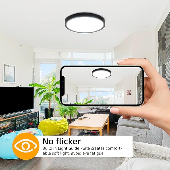 Hlite 2pack 12 inch Flush Mount LED Ceiling Light Fixture,24W 2400LM Super Slim Light Fixtures Ceiling Mount 3000K/4000K/5000K 3CCT Selectable,Light Fixtures for Kitchen,Bedroom (Black)