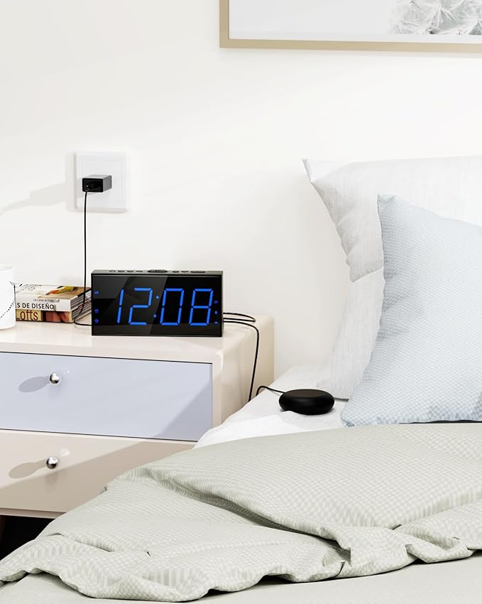 Roxicosly Loud Alarm Clock with Bed Shaker, Vibrating Alarm Clock for Heavy Sleepers/Hard of Hearing/Deaf/Teens, Dual Alarms with 7.5โโ Large LED Display, USB Charger, Dimmer, Snooze & Battery Backup