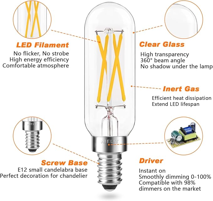 T8 4-Watt E12 LED Light Bulb, Dimmable (0-100%), Soft White 3000K, Clear Tubular Candelabra Light Bulbs 40W Equivalent for Sputnik Chandeliers, Glass Mason Jars, Hanging Pendant Lamp,4-Pack