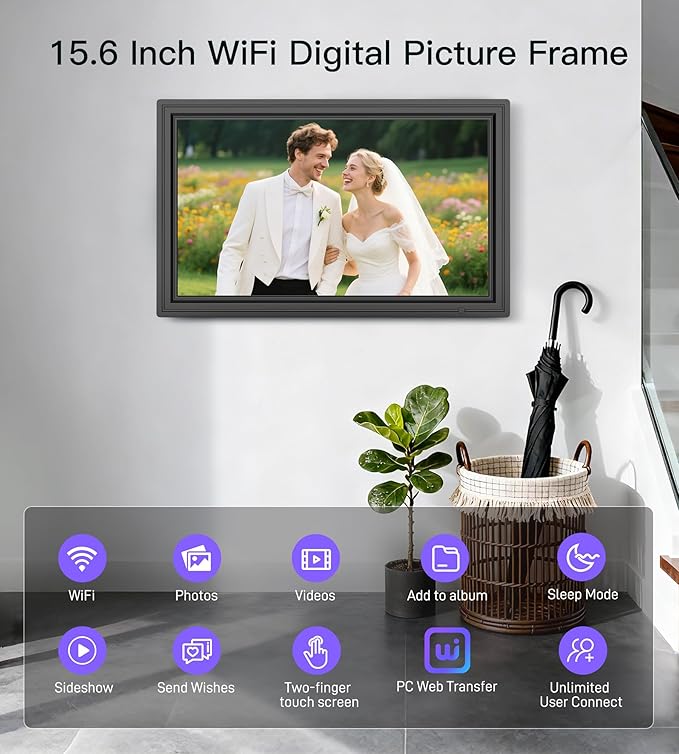 64GB Uhale 15.6" Digital Picture Frame, Large WiFi Electronic Photo Frames 1920 x 1080 IPS FHD Touch Screen, Share Photos and Videos Anywhere, Support SD/USB, Best Gifts for Parents and Grandparents