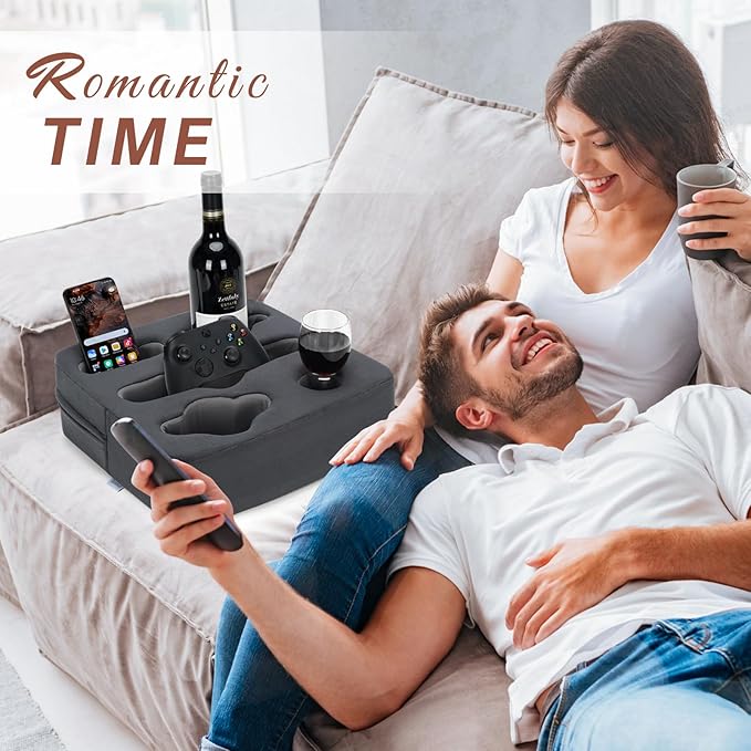 Couch Cup Holder Pillow - Sofa Cup Holder | Couch Caddy, Couch Drinks Remotes Holder for Cups, Headphones, Snacks, and Phones | Use it on Car, Pack, Beach, RV, and More(Grey)