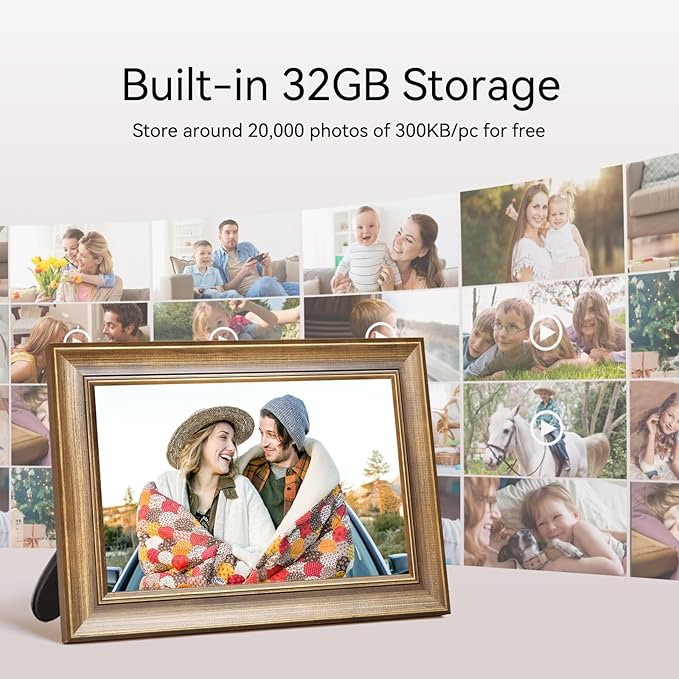 10.1 Inch Wood Finish Digital Picture Frame, Smart WiFi Digital Photo Frame, 1280x800 IPS HD Touchscreen – Effortlessly Share Photos and Videos from Anywhere