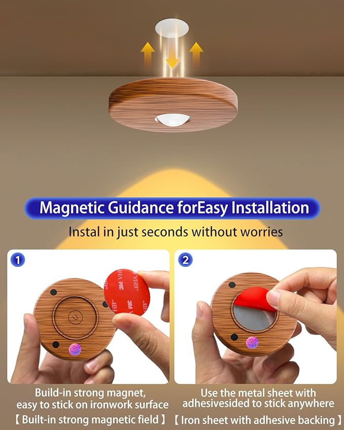 Puck lights with remote, 2000mAh rechargeable cabinet light, Under Cabinet Lighting Wireless, Display Cabinet, Dimmable Magnetic Stick-On Shelf , push lights battery operated,(Wood Color, 3 Pcs)