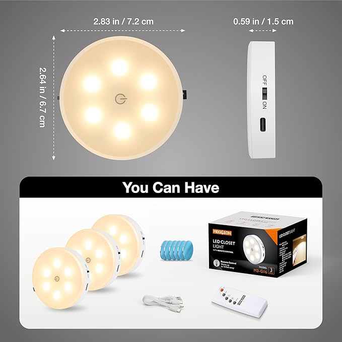 Puck Lights with Remote Control,1000mAh Rechargeable Under Cabinet Lighting,3Pack LED Closet Tap Light,Cordless Stick On Lights for Under Cabinet,Hallway,Stairway,Closet (Warm White)