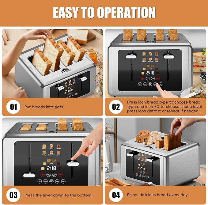 4 Slice Toaster, Touchscreen & Dual Independent Control Panel,5 Basic Functions & Digital Countdown Toasters, 6 Shade Settings&6 Bread Types, Smart Bread Maker Mute/Screen-Off,Stainless steel