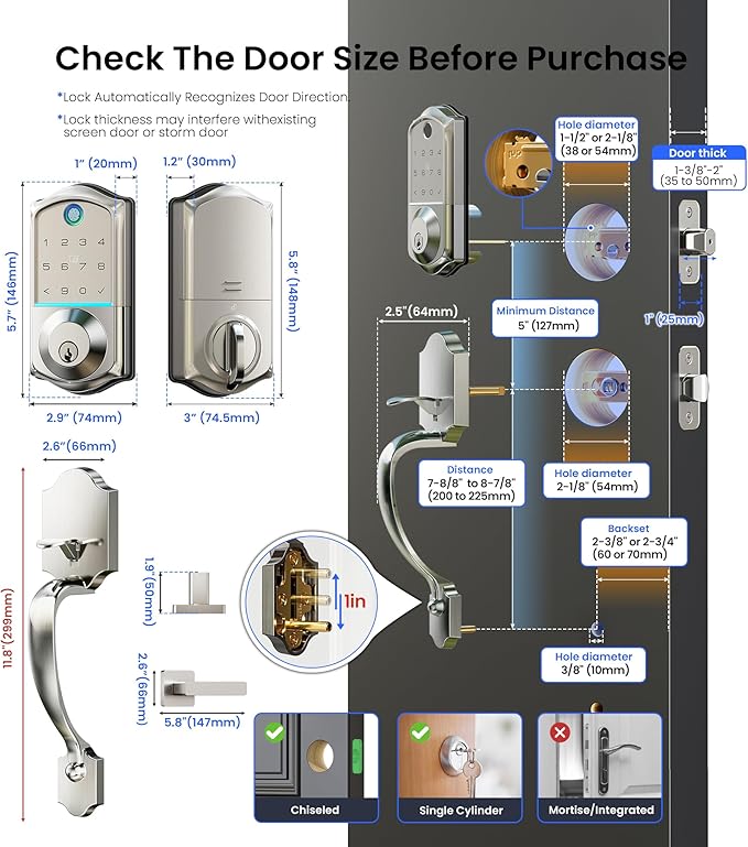 Veise VE017-H Fingerprint Smart Front Door Lock Set, App Control, Keyless Entry Deadbolt with Handle, Smart Deadbolt, Emergency Power Port, Touchscreen Keypad, Auto Lock, Easy Install, Satin Nickel