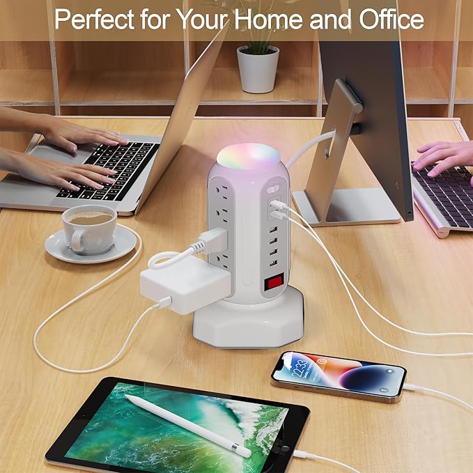 Power Strip Surge Protector Tower, 15 AC Outlets and 6 USB Ports with LED Light, Retractable Heavy Duty Extension Cord with Multiple Outlets, USB Charging Station with Right Flat Plug (White)