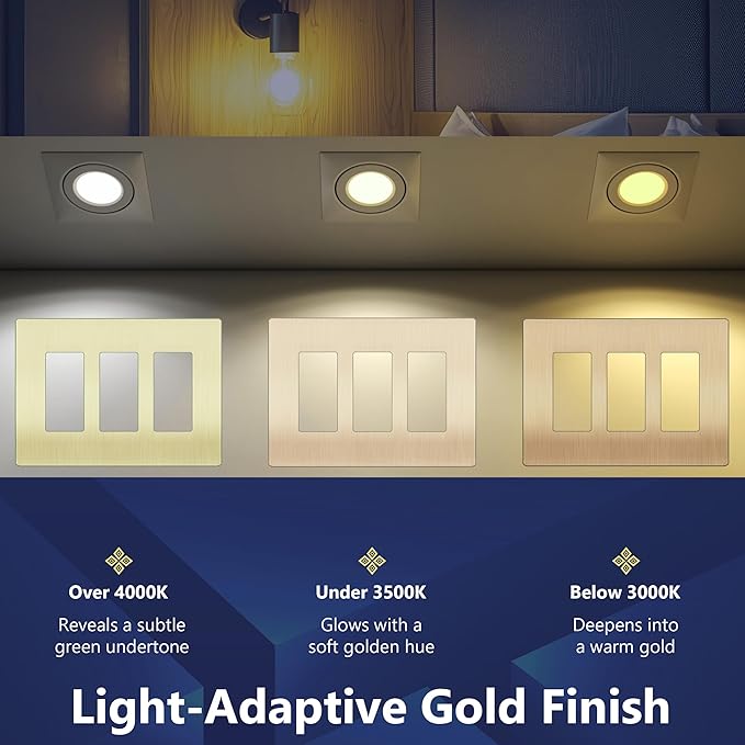 LIDER Brushed Finish Decorator Switch Cover, Screwless Wall Plate, Mid-Size 3-Gang 4.88" x 6.77", Unbreakable Polycarbonate Thermoplastic, UL Listed, LSWP-33M-BGD, Brushed Gold