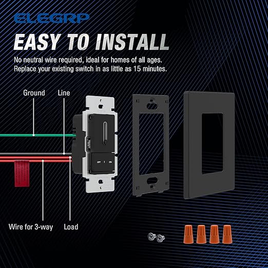 ELEGRP Slide Dimmer Switch for Dimmable LED, CFL and Incandescent Light Lamp Bulbs, Single Pole or 3-Way, Full Control with Preset, Rocker Paddle, Wall Plate Included, UL Listed (6 Pack, Matte Black)