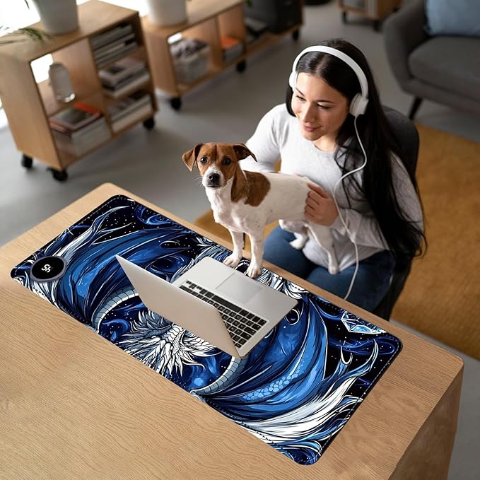 Heated Mouse Pad with 3 Temperature Settings(104°F–122°F),Large 31.5x13 Inch PU Leather Heated Desk Mat,Waterproof Warming Pad for Office,Gaming & Cold Hands Relief,Dragon and Wolf