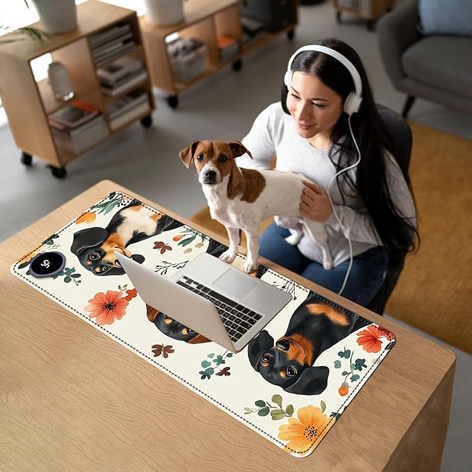 Heated Mouse Pad with 3 Temperature Settings(104°F–122°F),Large 31.5x13 Inch PU Leather Heated Desk Mat,Waterproof Warming Pad for Office,Gaming & Cold Hands Relief,Dogs and Flowers