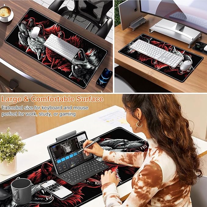 Heated Mouse Pad for Desk 31.5" x 13" – PU Leather Warm Desk Pad with 3 Heat Levels (104°F/113°F/122°F), Plug-in Electric Heating Mat with Auto Shut-Off, Waterproof & Rollable, Four Wolves