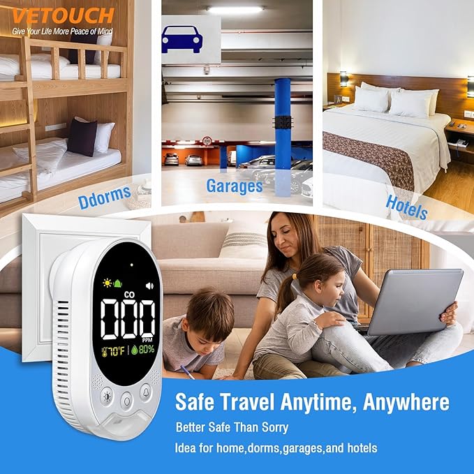 Portable Carbon Monoxide Detector Plug,Upgraded Version Configure Emergency Lighting CO Remind,Accurate Detection of CO Concentration Graded Warning, While Monitoring Temperature Humidity