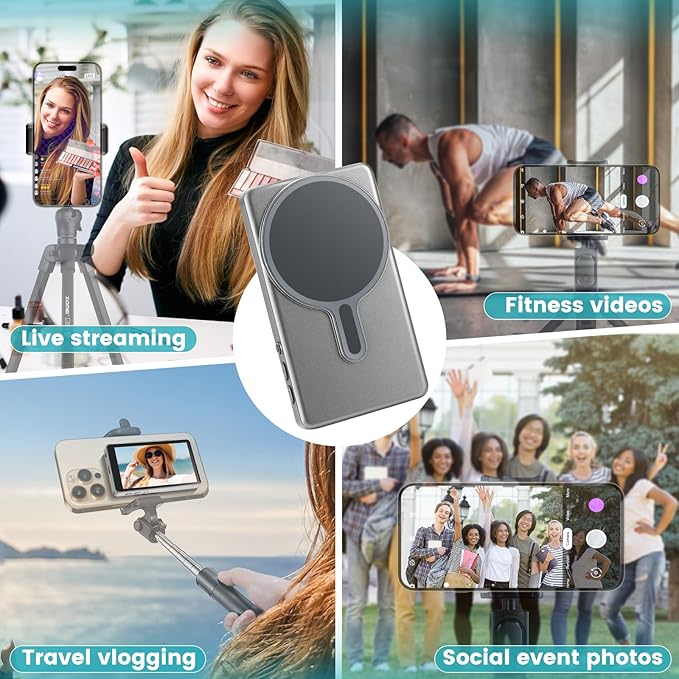 Magnetic Phone Vlog Selfie Monitor Screen,1080P Wireless Recording,Back Camera Selfie Monitor with Bluetooth Remote Control,for Selfie Vlog Live Broadcast,Compatible with iPhone and Android System