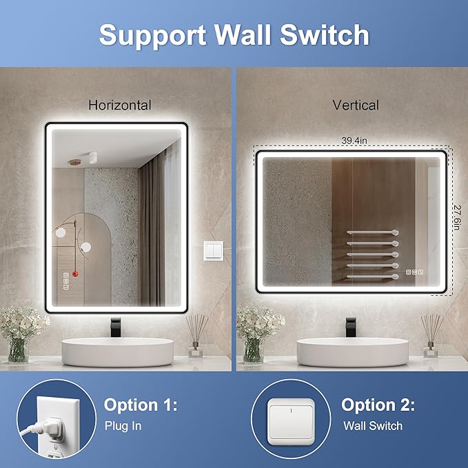 STARLEAD 40"x28" LED-Bathroom-Mirror-with-Lights, Wall-Mounted with Bluetooth, Anti-Fog, 3 Color Temperature Dimmable Brightness, Waterproof, Tempered Glass, Frontlit & Backlit, Black Frameless