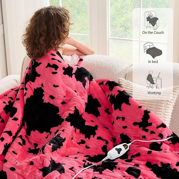 Cow Print Heated Electric Blanket Throw,50X60 Pink Heating Blanket with 10 Heats Levels & 8 Hours Auto Off,Highland Cow Decor Stuff Fleece Sherpa Blankets Warmer Gifts for Women Adults Washable