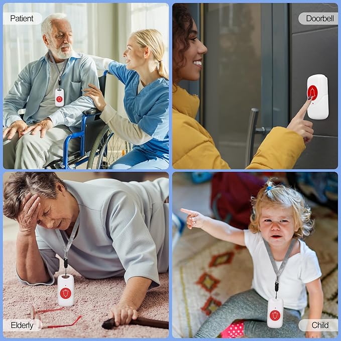 Caregiver Pager, Rechargable Wireless Call Button 2000+ Feet, 5 Alert Modes, 58 Melodies, SOS Alert Nurse Calling System for Patien Elderly Monitoring at Home, 2 SOS Button + 1 Receiver